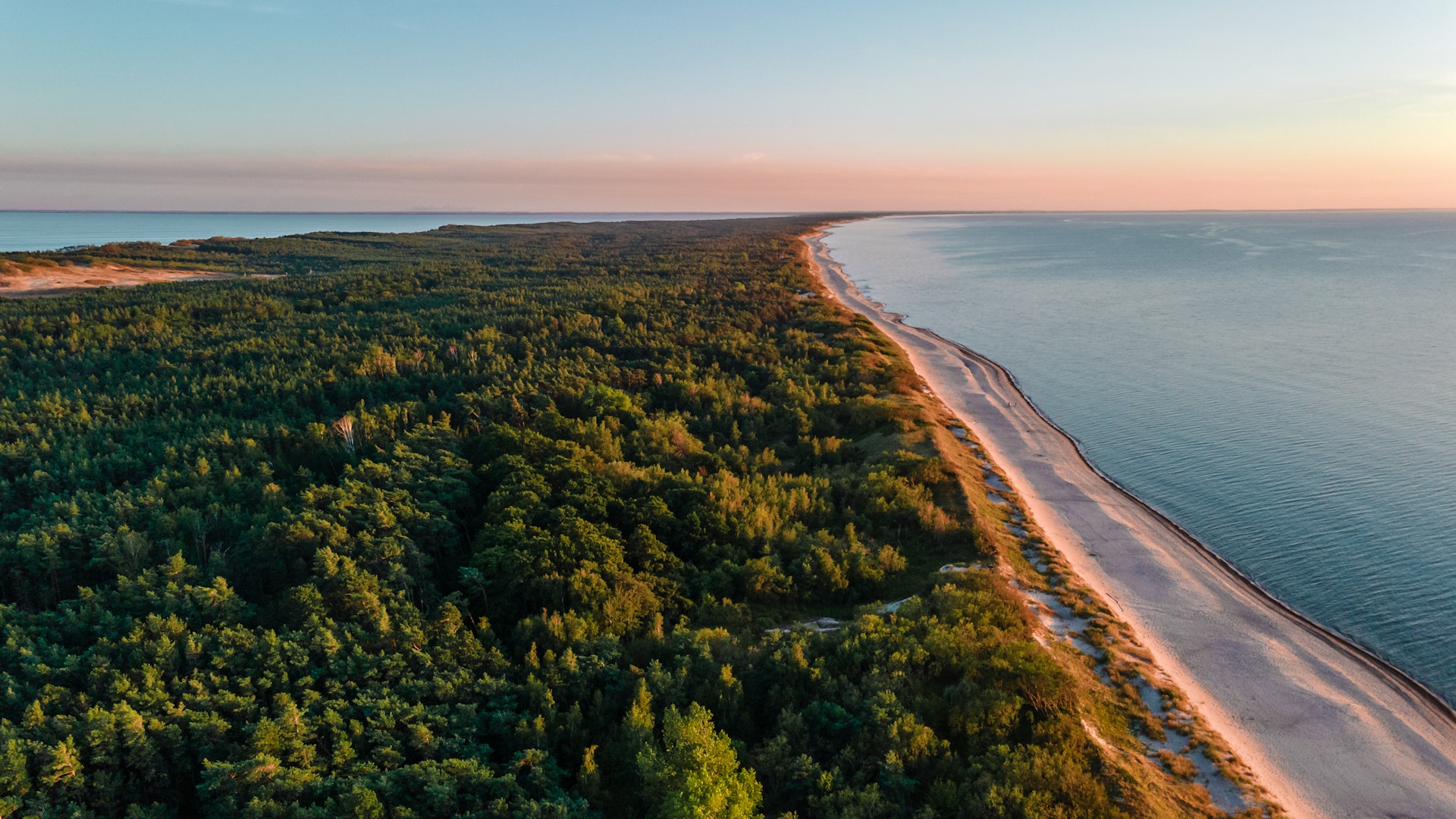 Балтийское море с лесом, пляжем и морем на закате, Куршская коса, Литва