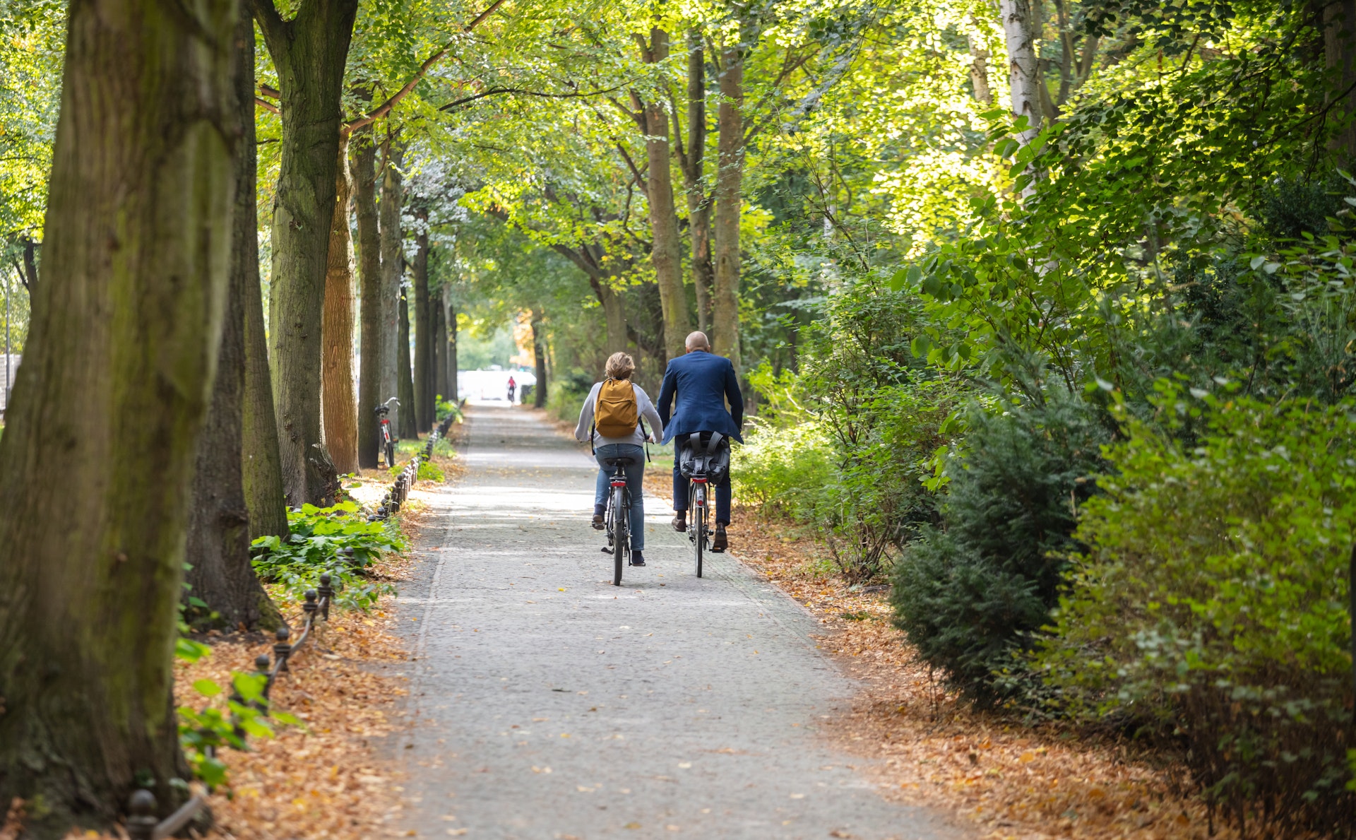 Два человека едут на велосипеде по парку Тиргартен в Берлине.
