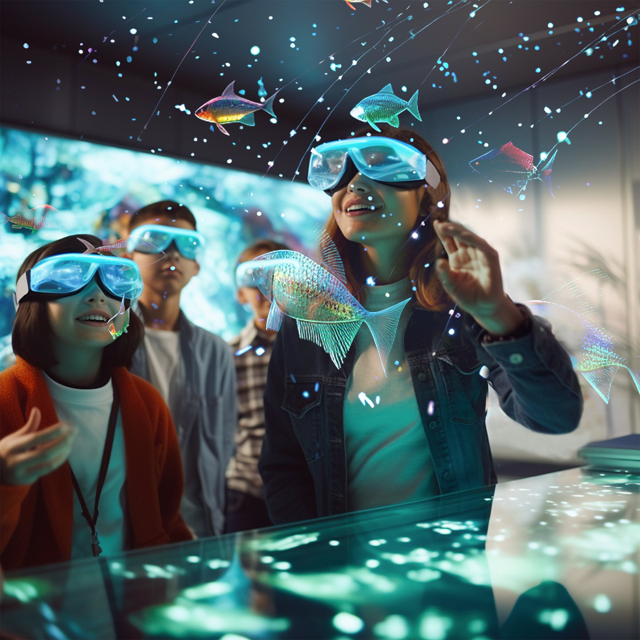 ИЗОБРАЖЕНИЕ, Сгенерированное искусственным интеллектом. Дети в очках виртуальной реальности смотрят на рыб, плавающих в космосе.